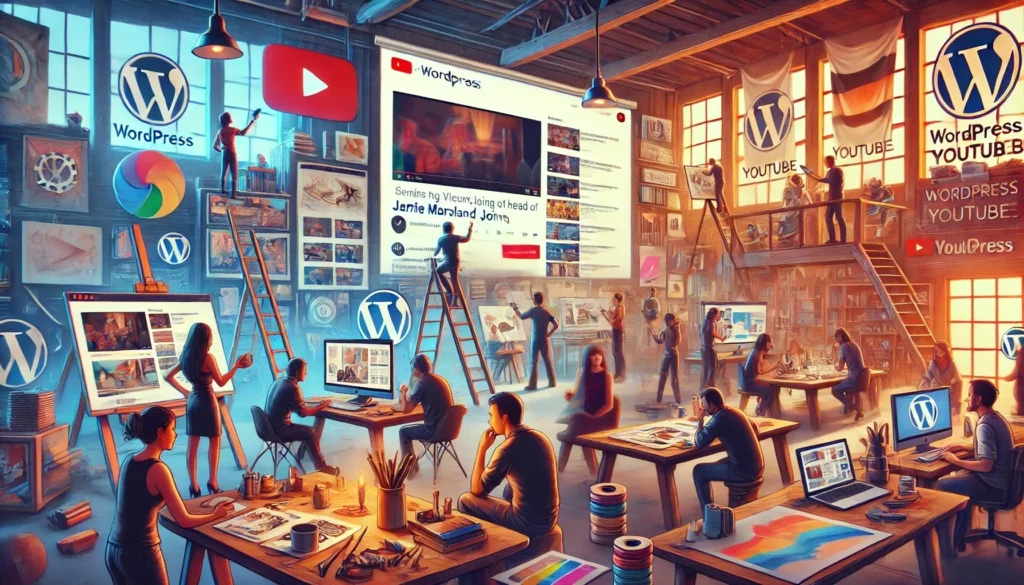 A vibrant scene set inside a warehouse featuring multiple people working on computers and laptops and artworks, and a large screen showing YouTube.