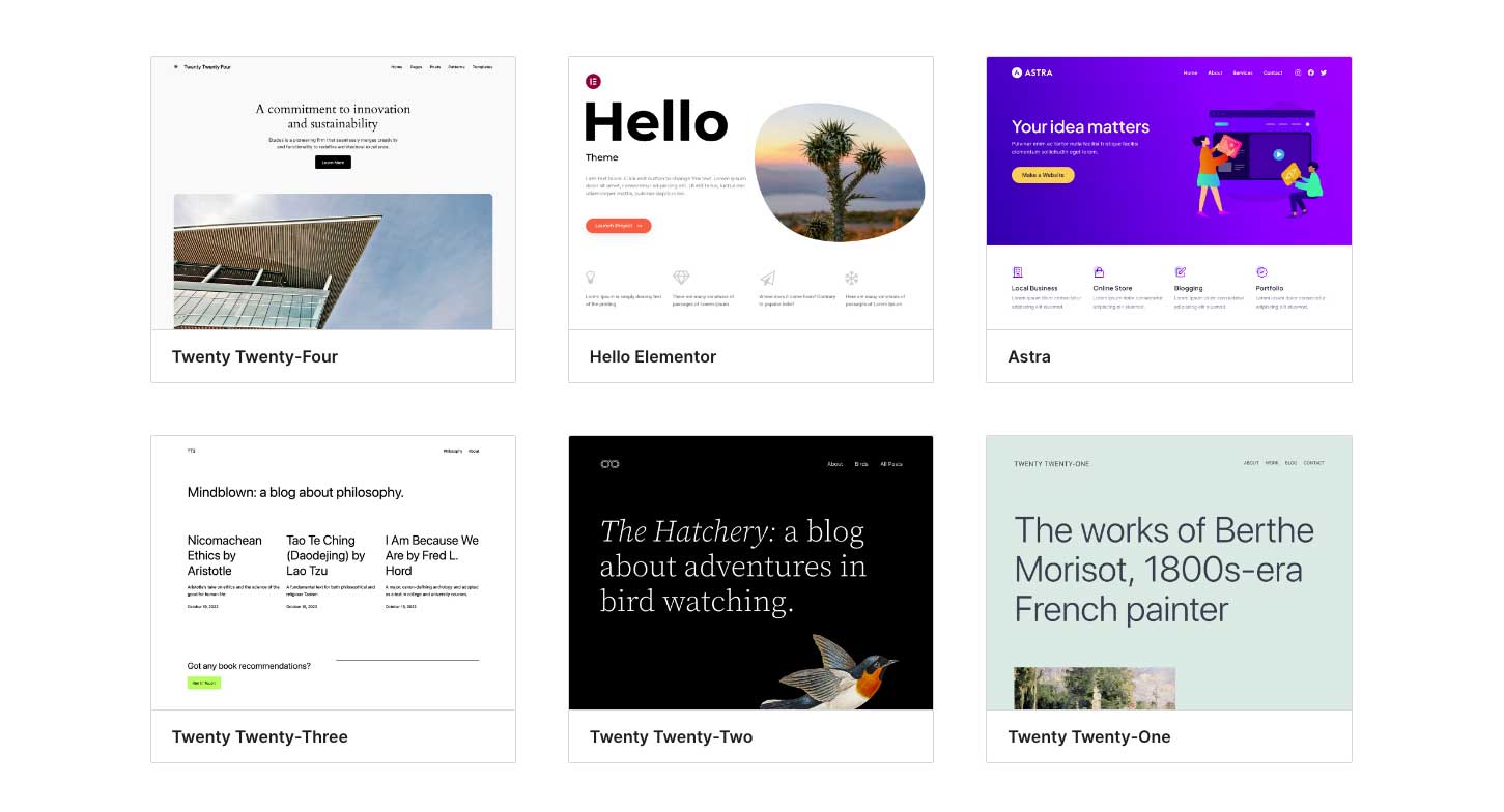 Six different block themes in the WordPress.org theme repository.