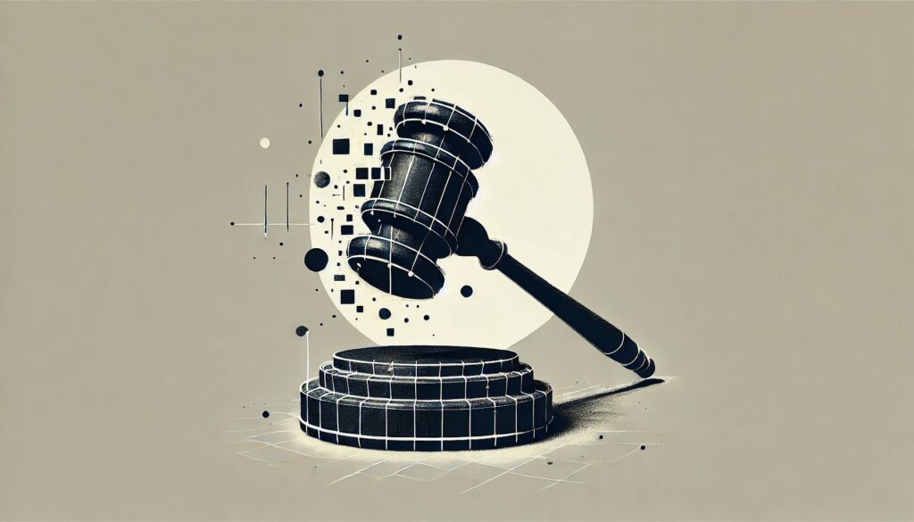 A stylized gavel is depicted, resting on a circular base. The gavel is designed with a grid pattern and appears to be in motion, with abstract shapes and dots radiating outward, suggesting a dynamic effect. In the background, a large, pale circle adds contrast to the darker elements of the gavel and base, enhancing the overall composition. The color palette is muted, primarily featuring shades of black and gray against a light background.