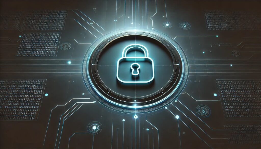 A digital illustration features a glowing padlock icon at the center, symbolizing security. The background consists of a circuit board design with intricate lines and binary code patterns, illuminated by blue and white light. The overall aesthetic conveys a sense of technology and cybersecurity.
