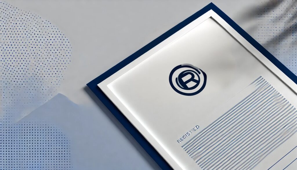 A certificate or document is prominently displayed, featuring a circular logo with a stylized "R" at the top. The document has a clean, modern design with a white background and blue accents. The word "REGISTERED" is visible in a handwritten style, along with horizontal lines beneath it, likely for additional information. The document is framed in a dark blue border, and the background includes a subtle pattern of blue dots, adding texture to the overall presentation.