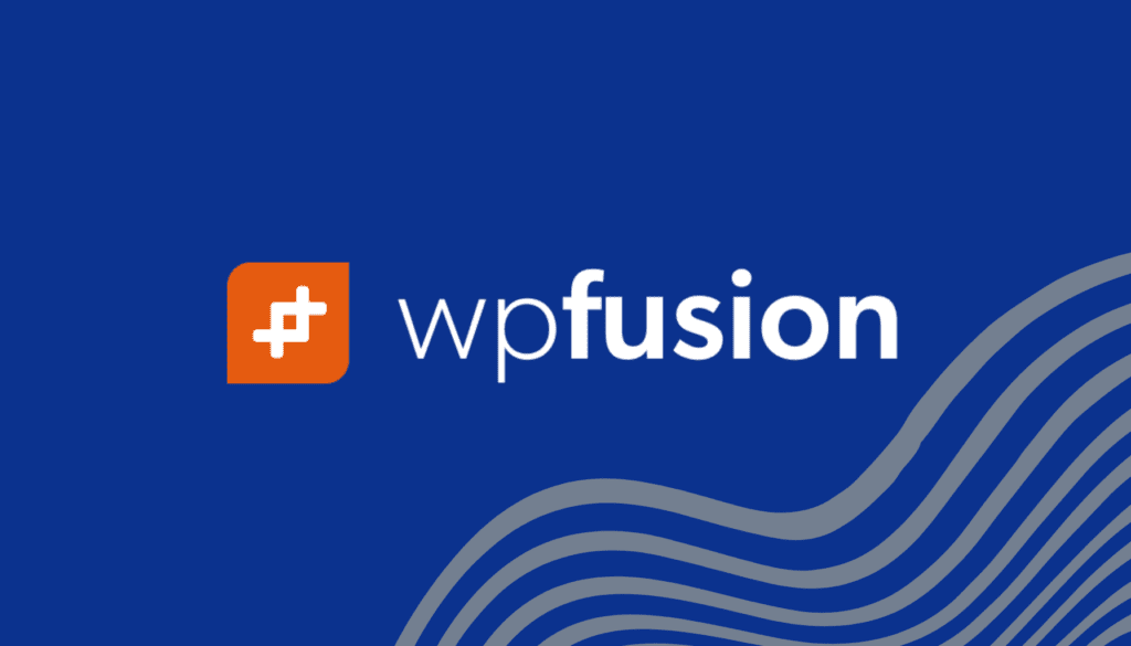 The WP Fusion Lite logo set against a blue background next to grey wavy lines.