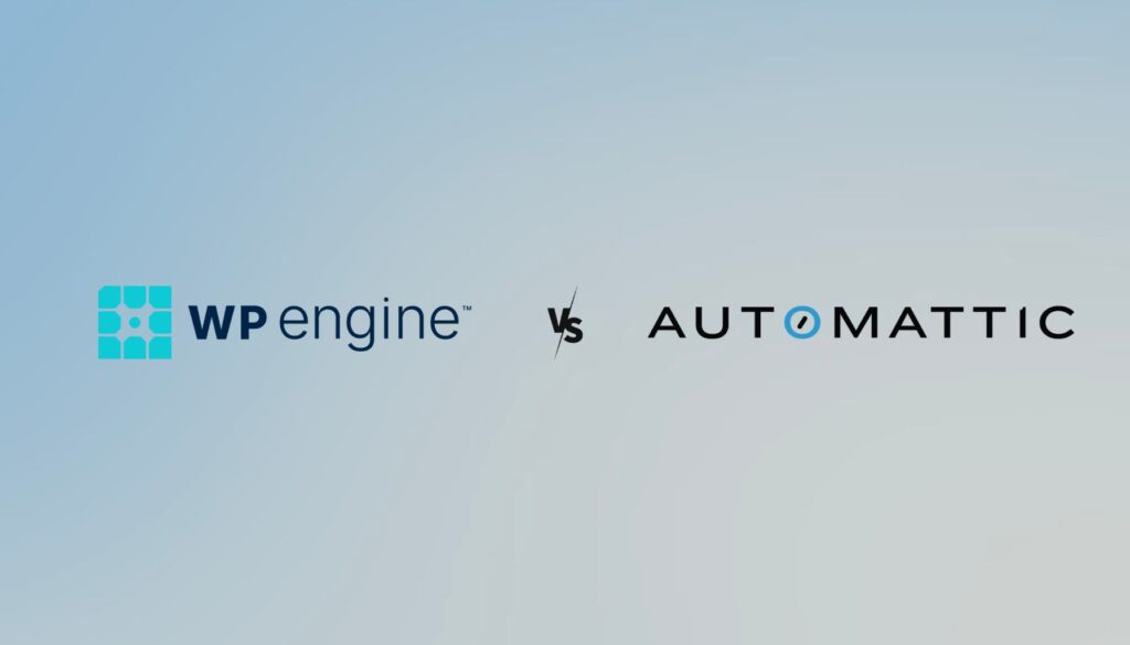 The image features a light blue background with the logos of two companies: "WP Engine" on the left and "Automattic" on the right. The logos are displayed prominently, with "WP Engine" in a bold, dark font accompanied by a turquoise graphic element, while "Automattic" is presented in a sleek, modern font with a distinctive blue dot in the letter "o." The text "vs" is positioned centrally between the two logos, indicating a comparison or competition.