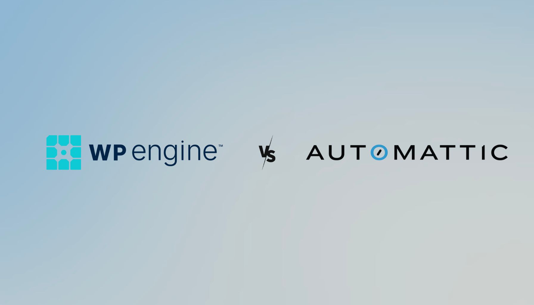 The image features a light blue background with the logos of two companies: "WP Engine" on the left and "Automattic" on the right. The logos are displayed prominently, with "WP Engine" in a bold, dark font accompanied by a turquoise graphic element, while "Automattic" is presented in a sleek, modern font with a distinctive blue dot in the letter "o." The text "vs" is positioned centrally between the two logos, indicating a comparison or competition.