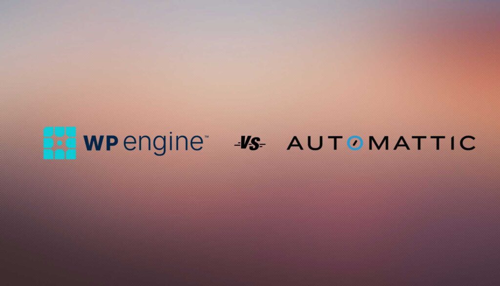 The image features a comparison graphic between WP Engine and Automattic. On the left, the WP Engine logo is displayed in turquoise and dark blue, with the text "WP engine" next to it. In the center, there is a stylized "vs" in a simple font. On the right, the Automattic logo appears in black with a blue accent, accompanied by the text "AUTOMATTIC." The background has a gradient effect, transitioning from light to darker shades.