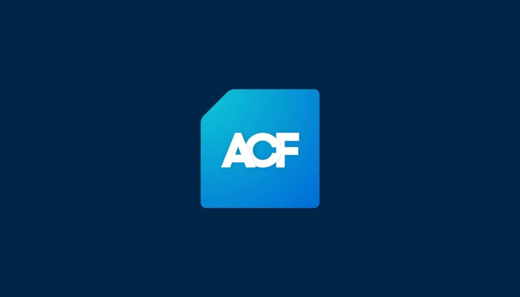 A blue and white logo featuring the letters "ACF" is displayed on a dark blue background. The logo is designed in a modern style, with the letters appearing bold and slightly overlapping. The shape of the logo resembles a corner of a card or a chip, adding a dynamic element to the design.