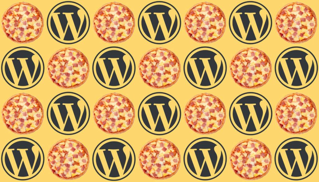 The image features a repeating pattern of pizza with toppings, specifically ham and pineapple, interspersed with the WordPress logo. The background is a bright yellow, creating a vibrant and playful design. Each pizza is round and prominently displayed alongside the circular black logos, which feature a stylized "W.