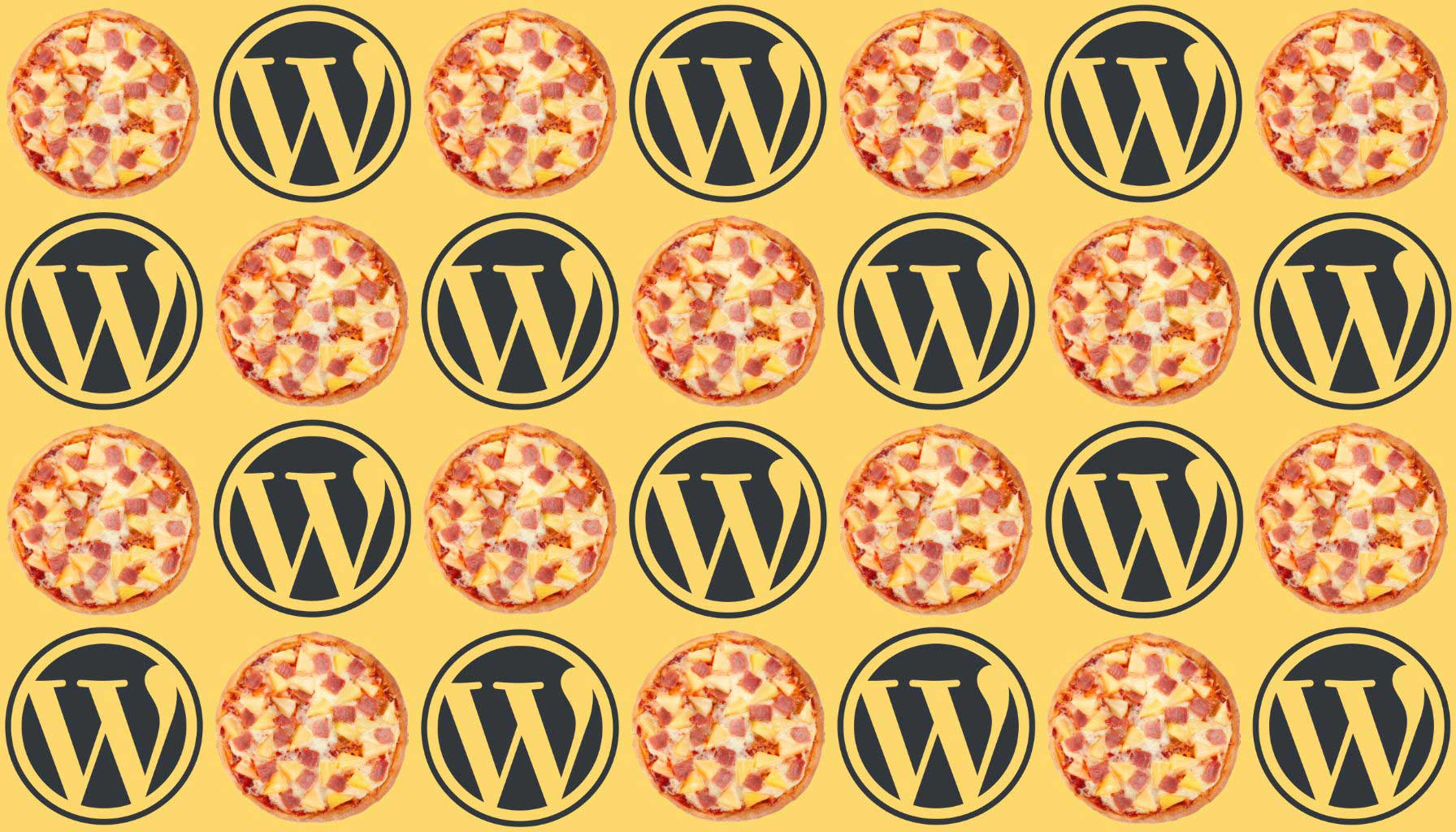 The image features a repeating pattern of pizza with toppings, specifically ham and pineapple, interspersed with the WordPress logo. The background is a bright yellow, creating a vibrant and playful design. Each pizza is round and prominently displayed alongside the circular black logos, which feature a stylized "W.