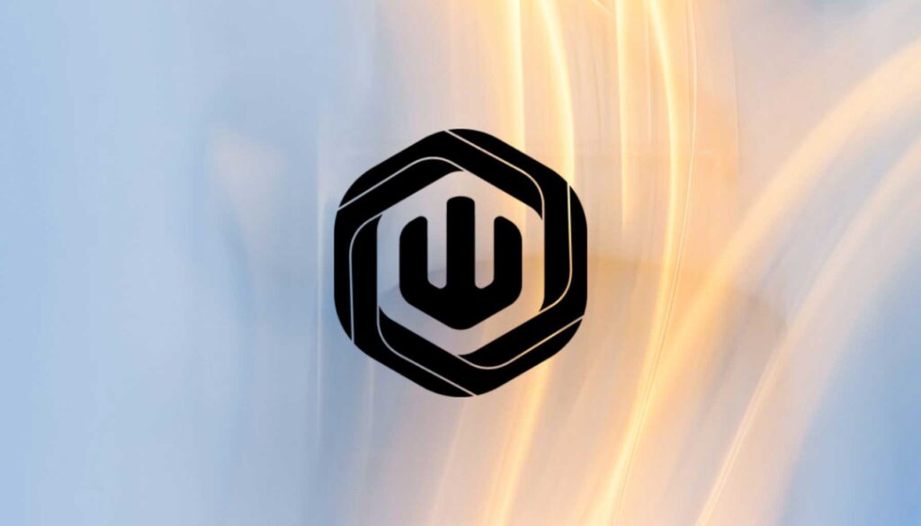 A stylized logo is centered in the image, featuring a hexagonal shape with a black outline. Inside the hexagon, there is a design that resembles a stylized letter "W" or waves, also in black. The background consists of soft, flowing light in shades of blue and gold, creating a dynamic and modern aesthetic.