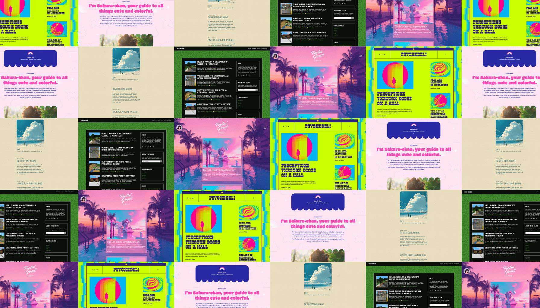 A collage of various website layouts featuring vibrant colors and playful designs. The pages include elements like bold typography, illustrations, and images of landscapes, particularly clouds and palm trees. Sections highlight guides and tips related to art, crafting, and lifestyle, with a focus on cute and colorful themes. The overall aesthetic is bright and engaging, appealing to a creative audience.