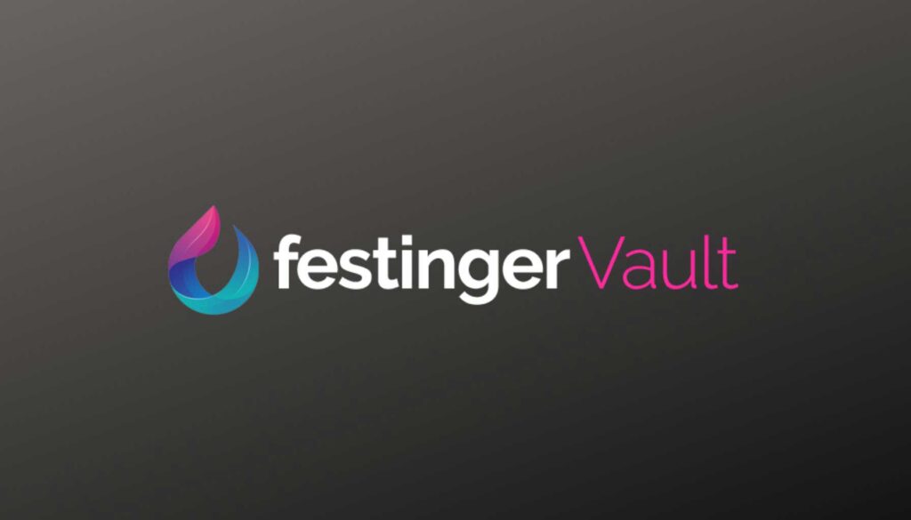 A logo featuring the word "festingerVault" in a modern font. The word "festinger" is in black, while "Vault" is in a vibrant pink. Above the text, there is a stylized graphic element that combines shades of pink and teal, resembling a droplet or swirl. The background is a smooth gradient transitioning from dark gray to black.