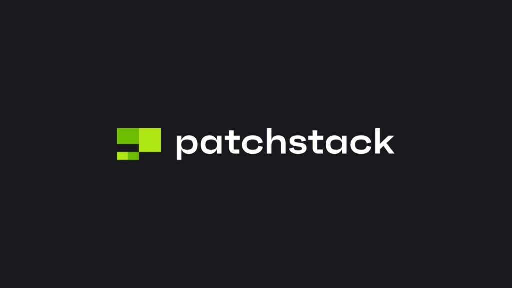 A logo featuring the word "patchstack" in a modern, sans-serif font. The word is predominantly white, with a green graphic element to the left, consisting of two stacked squares. The background is a dark shade, enhancing the contrast of the text and graphic.