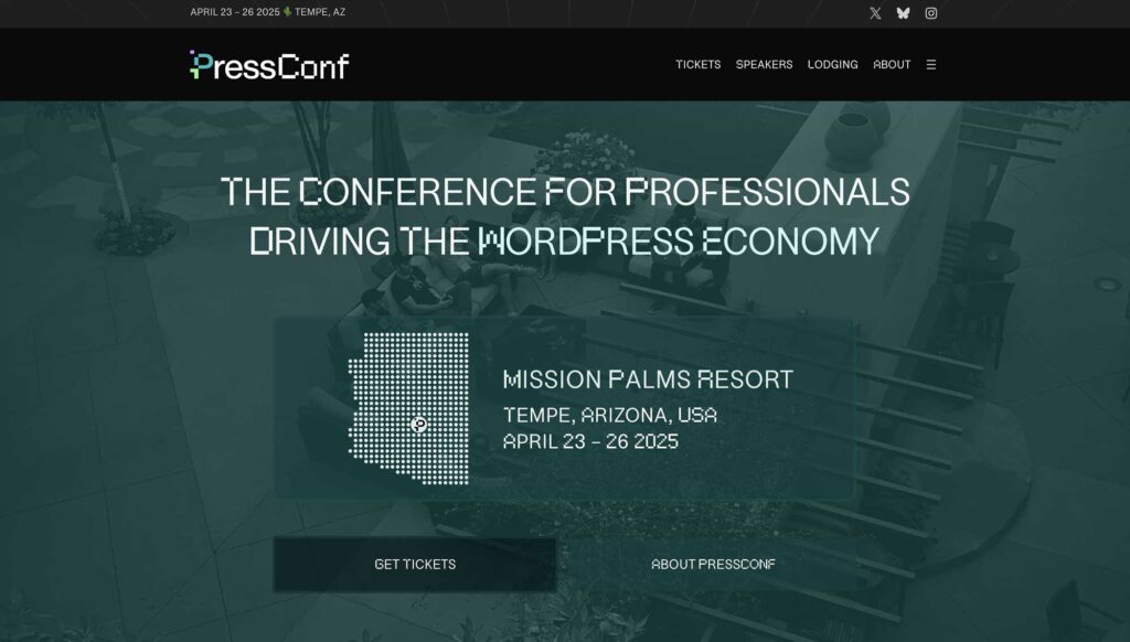 Website banner for PressConf 2025, featuring event details and location.
