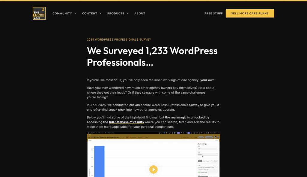 A webpage featuring the 2025 WordPress Professionals Survey with a chart and video.