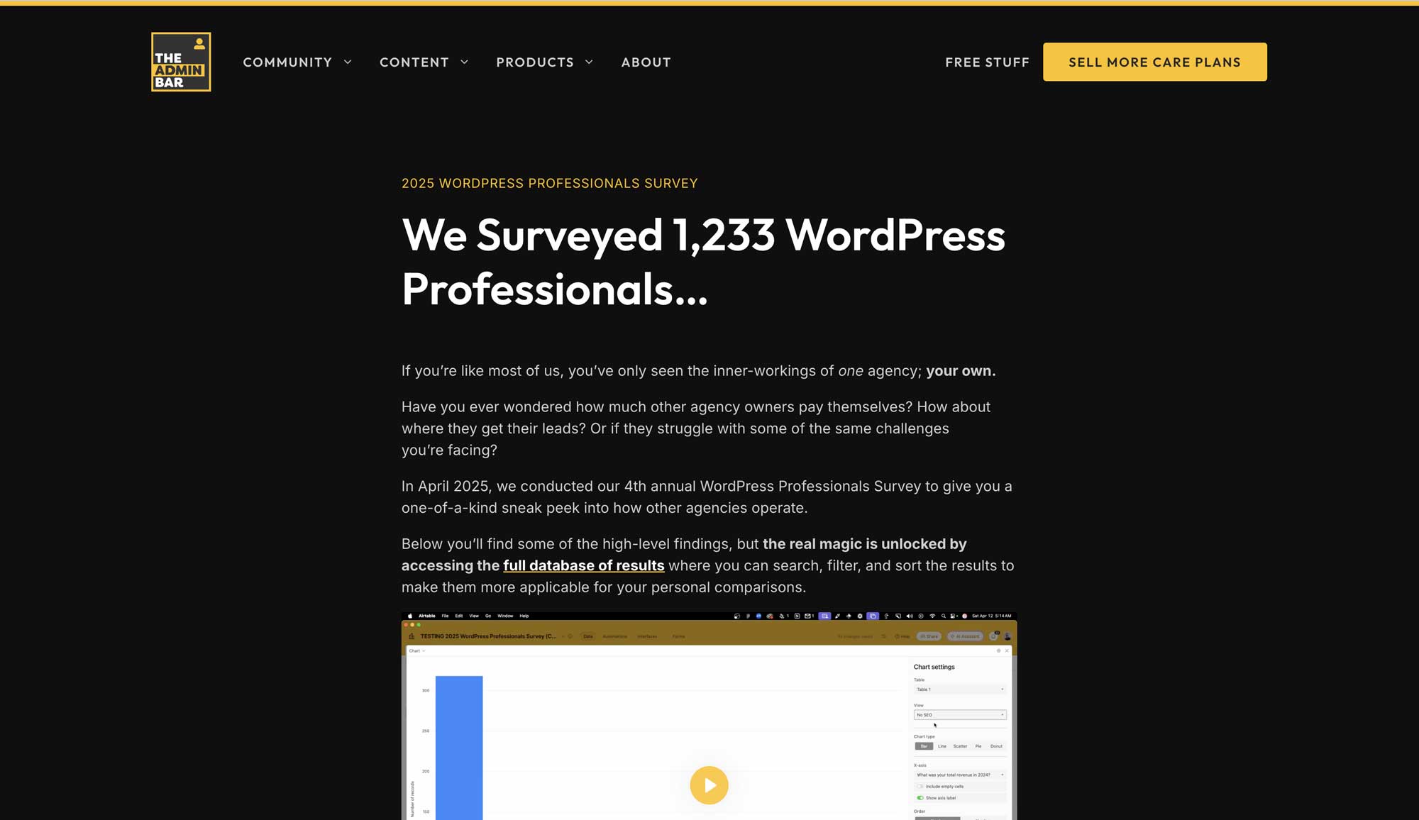 A webpage featuring the 2025 WordPress Professionals Survey with a chart and video.
