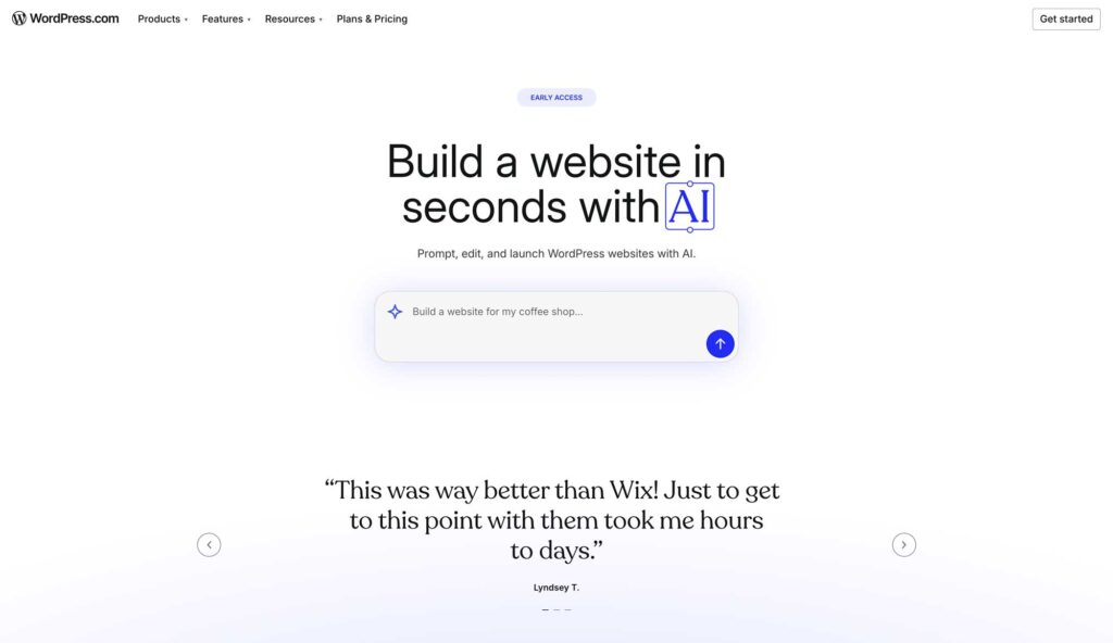 Alt text: WordPress.com homepage promoting AI website building with user testimonial.